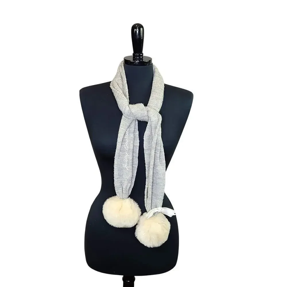 Juicy Couture Gray Knit Scarf Faux Fur Pompoms Bow Y2K 2000s Retro